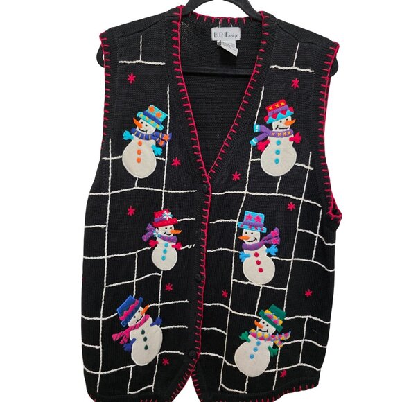 Vintage B.P. Design Black Knit Snowman Christmas Sweater Vest XXL With Festive E - Picture 1 of 6